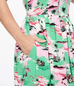 Unique Vintage Pocket Dresses|Everyday Dresses>Hell Bunny Pink & Green Tropical Print Mini Dress