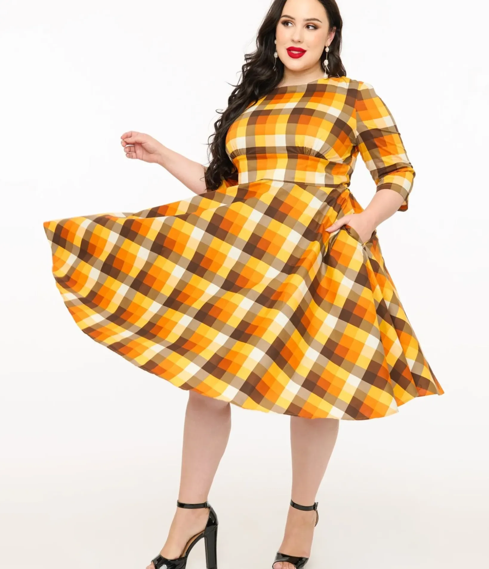 Unique Vintage Swing|Pocket Dresses>Hell Bunny Plus Size 1950s Autumn Check Cotton Darlene Swing Dress