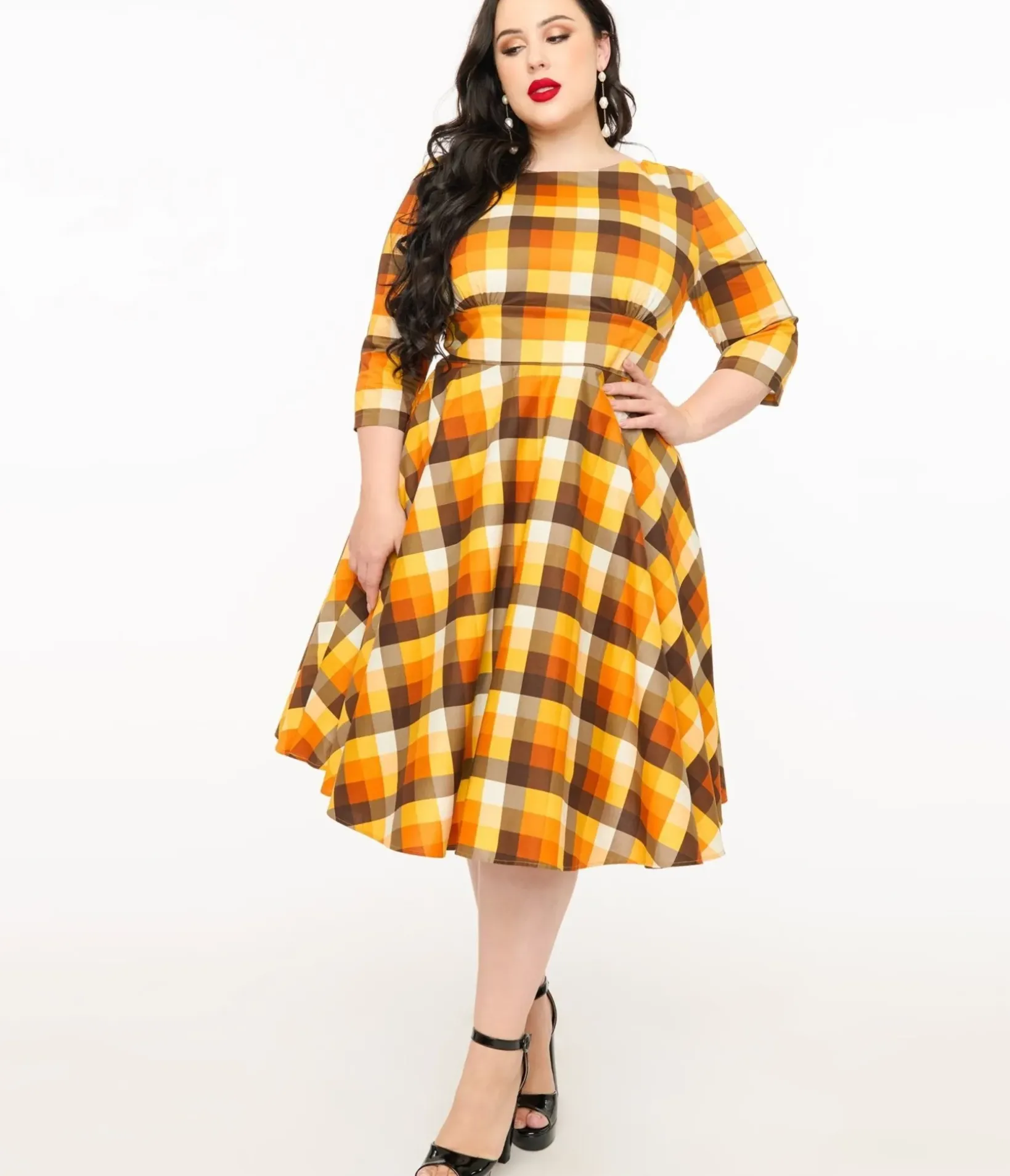 Unique Vintage Swing|Pocket Dresses>Hell Bunny Plus Size 1950s Autumn Check Cotton Darlene Swing Dress