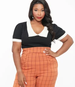 Unique Vintage Work Wear>Hell Bunny Plus Size 1950s Black Jacquard Joanie Top