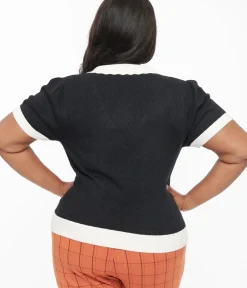 Unique Vintage Work Wear>Hell Bunny Plus Size 1950s Black Jacquard Joanie Top