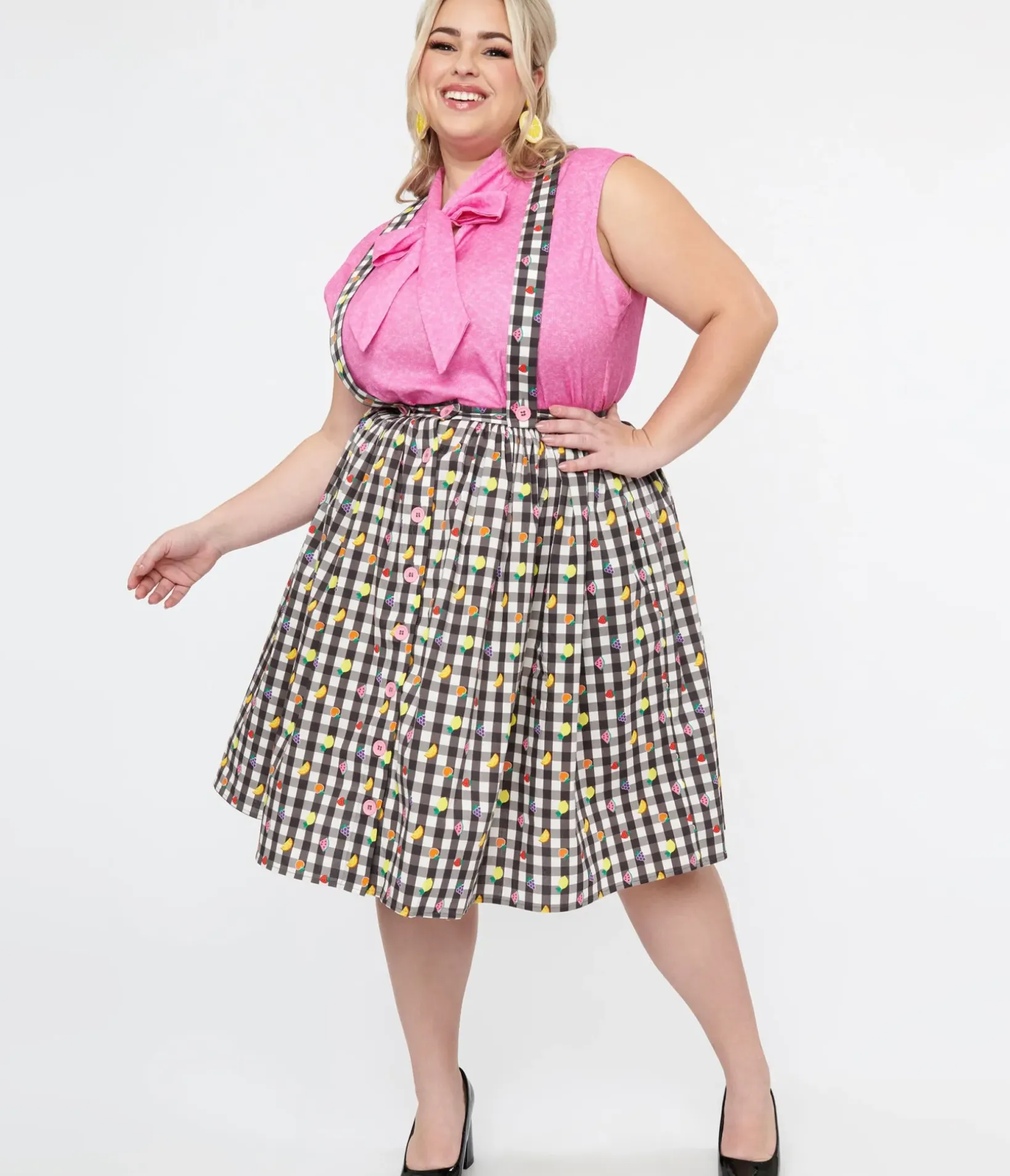 Unique Vintage Skirts|Skirts>Hell Bunny Plus Size 1950s Black & White Gingham & Fruit Cotton Pinafore Swing Skirt