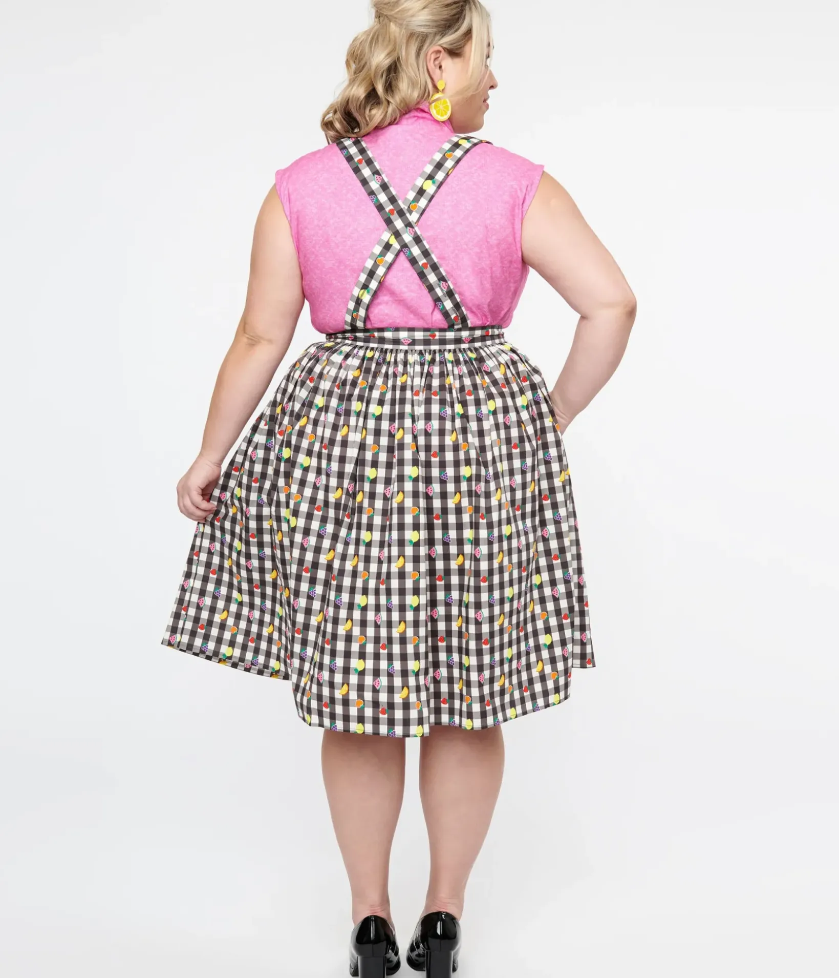 Unique Vintage Skirts|Skirts>Hell Bunny Plus Size 1950s Black & White Gingham & Fruit Cotton Pinafore Swing Skirt
