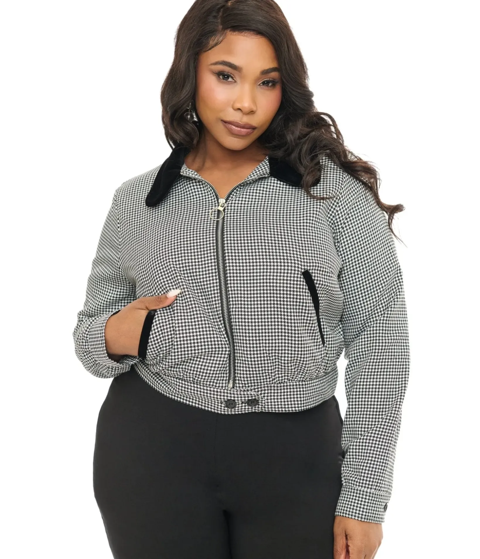 Unique Vintage Jackets|Coats & Jackets>Hell Bunny Plus Size 1940s Black & White Houndstooth Teddy Jacket