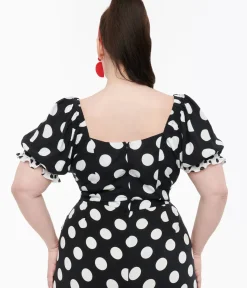 Unique Vintage Blouses|Blouses>Hell Bunny Plus Size 1960s Black & White Polka Dot Dolores Crop Top