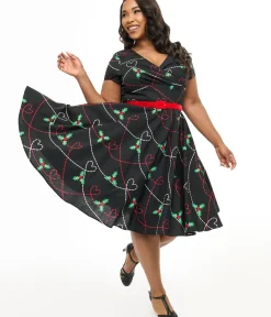 Unique Vintage Swing|Pocket Dresses>Hell Bunny Plus Size 1950s Festive Hearts & Holly Print Angelica Swing Dress