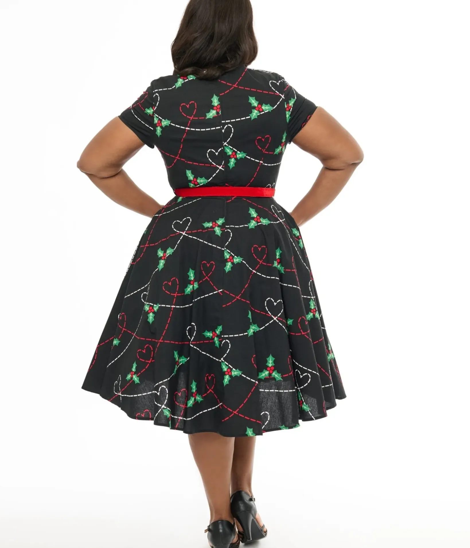 Unique Vintage Swing|Pocket Dresses>Hell Bunny Plus Size 1950s Festive Hearts & Holly Print Angelica Swing Dress