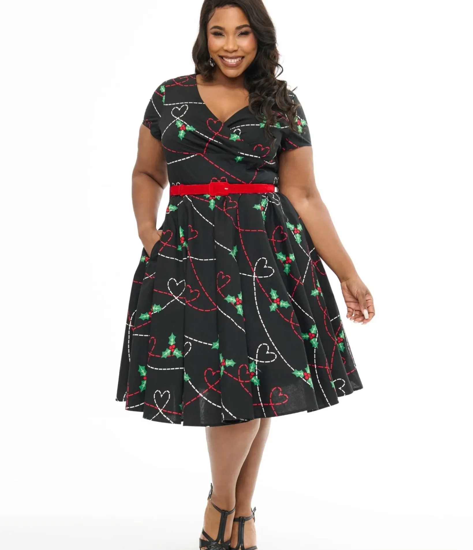 Unique Vintage Swing|Pocket Dresses>Hell Bunny Plus Size 1950s Festive Hearts & Holly Print Angelica Swing Dress