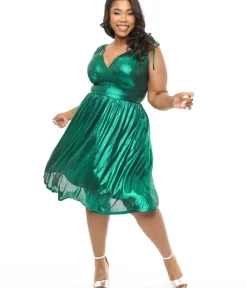 Unique Vintage Midi|Everyday Dresses>Hell Bunny Plus Size 1970s Green Metallic Gigi Midi Dress
