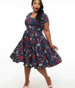 Unique Vintage Midi|Pocket Dresses>Hell Bunny Plus Size 1950s Navy Blue & Red Floral Camellia Midi Dress