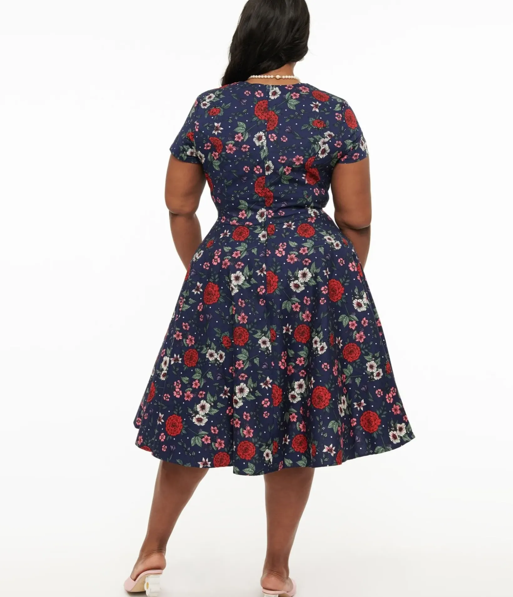 Unique Vintage Midi|Pocket Dresses>Hell Bunny Plus Size 1950s Navy Blue & Red Floral Camellia Midi Dress
