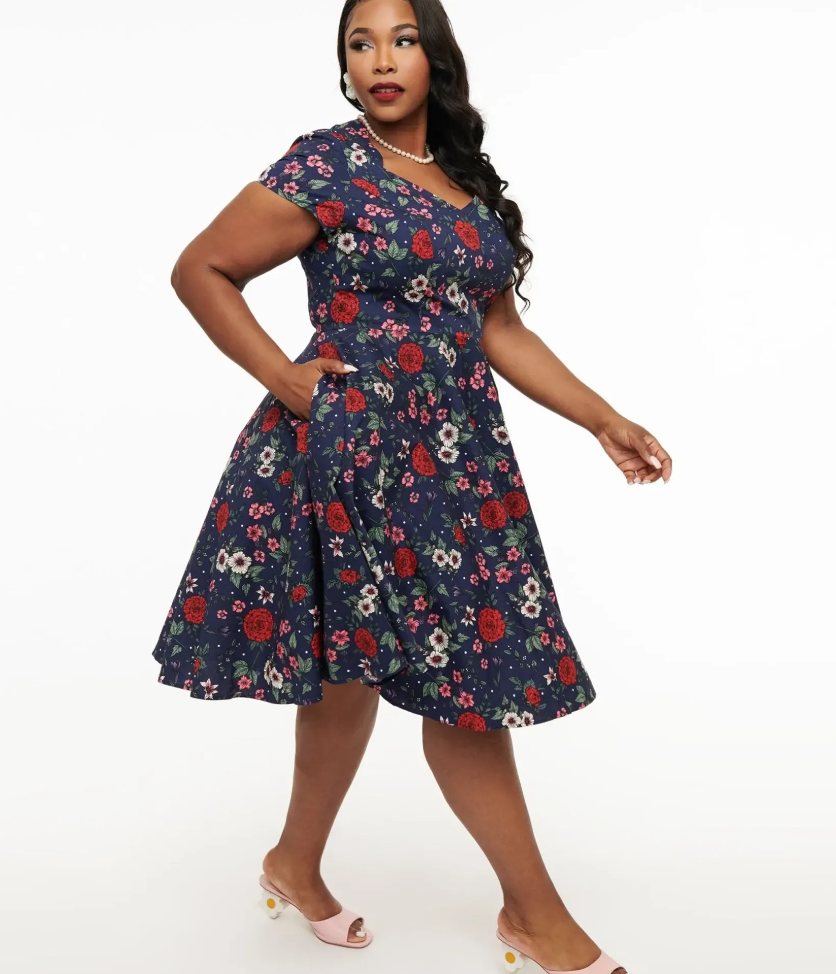 Unique Vintage Midi|Pocket Dresses>Hell Bunny Plus Size 1950s Navy Blue & Red Floral Camellia Midi Dress