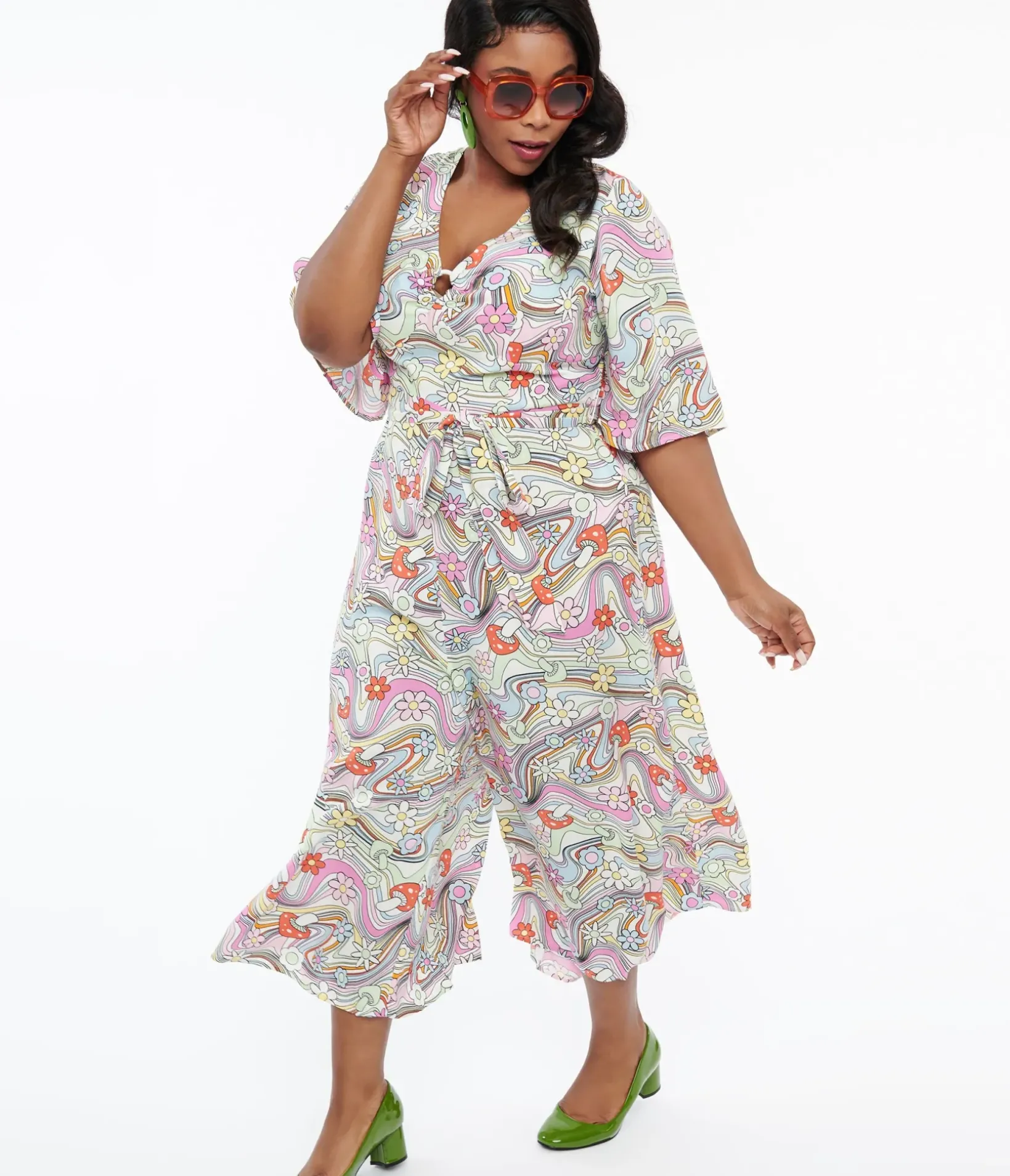 Unique Vintage Rompers & Jumpsuits>Hell Bunny Plus Size 1960s Pastel Rainbow Hazy Daze Floral Jumpsuit