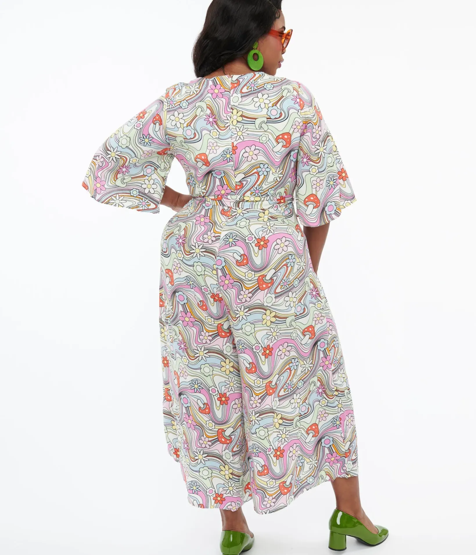 Unique Vintage Rompers & Jumpsuits>Hell Bunny Plus Size 1960s Pastel Rainbow Hazy Daze Floral Jumpsuit