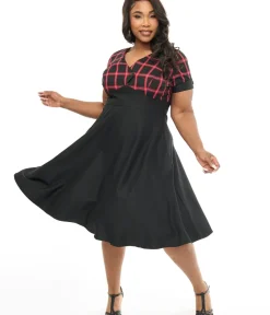 Unique Vintage Swing|Pocket Dresses>Hell Bunny Plus Size 1950s Red & Black Tartan Janine Swing Dress