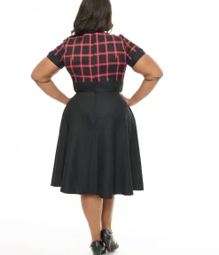 Unique Vintage Swing|Pocket Dresses>Hell Bunny Plus Size 1950s Red & Black Tartan Janine Swing Dress