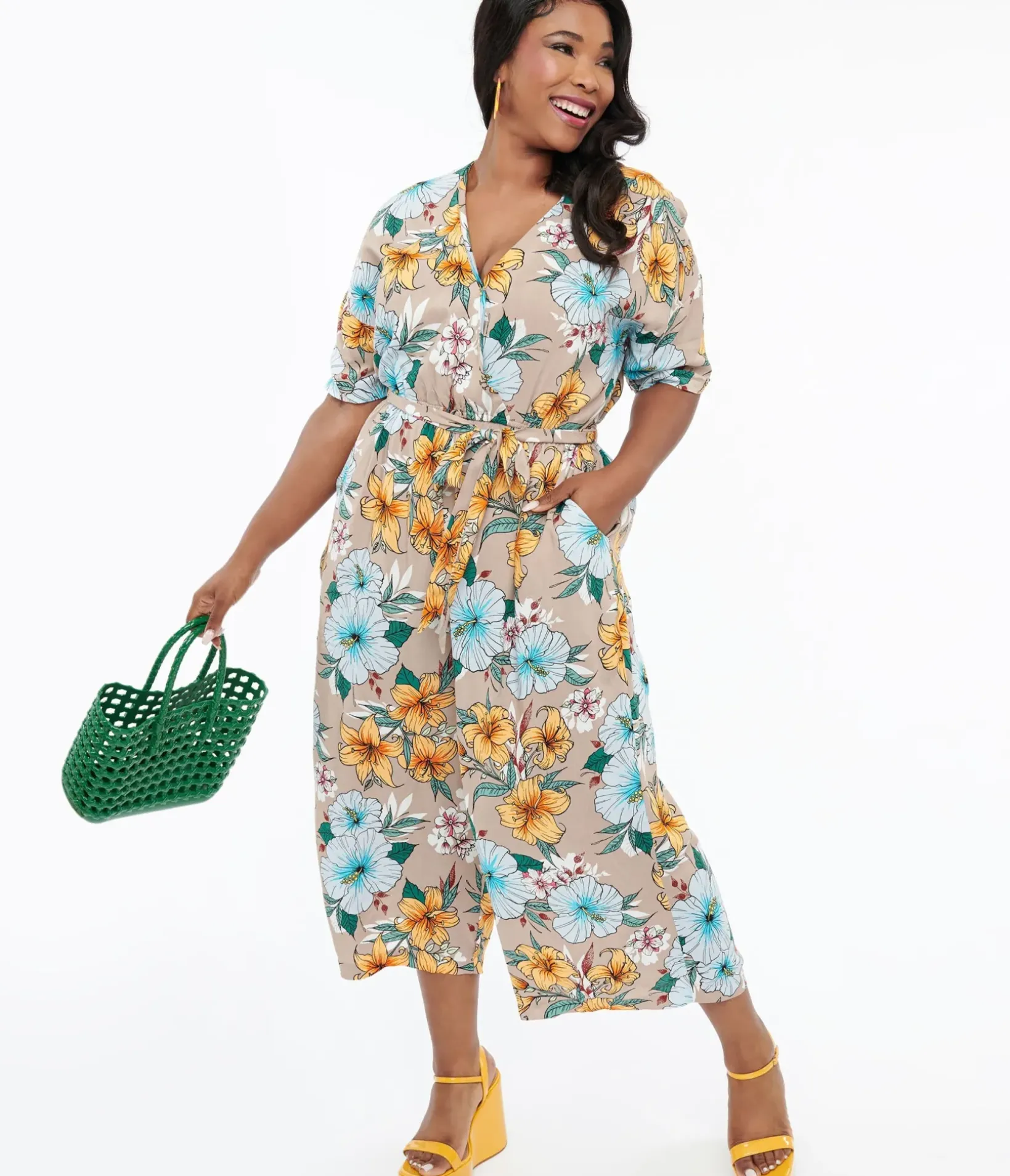 Unique Vintage Rompers & Jumpsuits|Rompers & Jumpsuits>Hell Bunny Plus Size 1970s Tan & Tropical Floral Print Jumpsuit