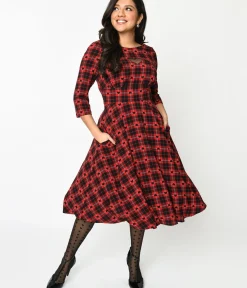Unique Vintage Swing|Pocket Dresses>Hell Bunny Red & Black Heart Plaid Date Night Swing Dress