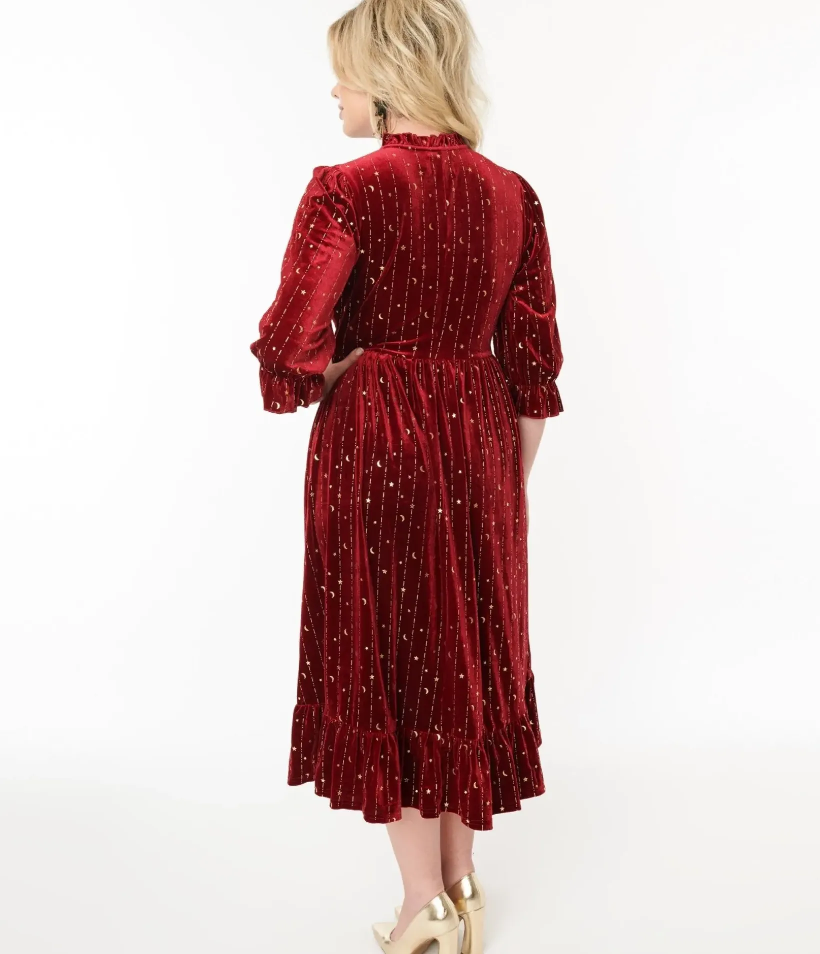 Unique Vintage Midi|Everyday Dresses>Hell Bunny Red Velvet & Gold Star Midi Dress
