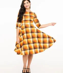 Unique Vintage Swing|Pocket Dresses>Hell Bunny 1950s Autumn Check Cotton Darlene Swing Dress