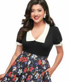 Unique Vintage Work Wear>Hell Bunny 1950s Black Jacquard Joanie Top
