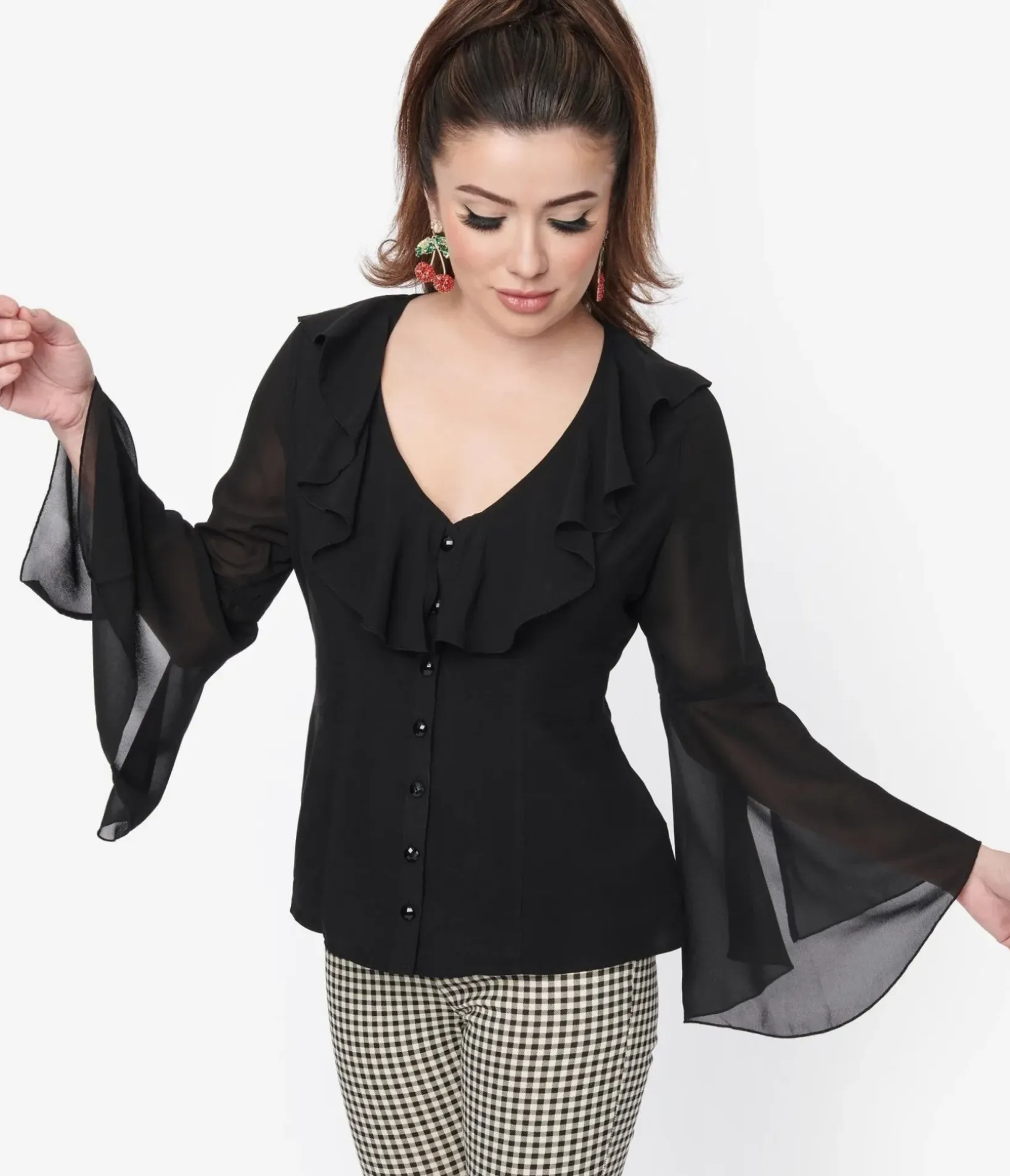 Unique Vintage Work Wear>Hell Bunny 1970s Black Jamie Blouse