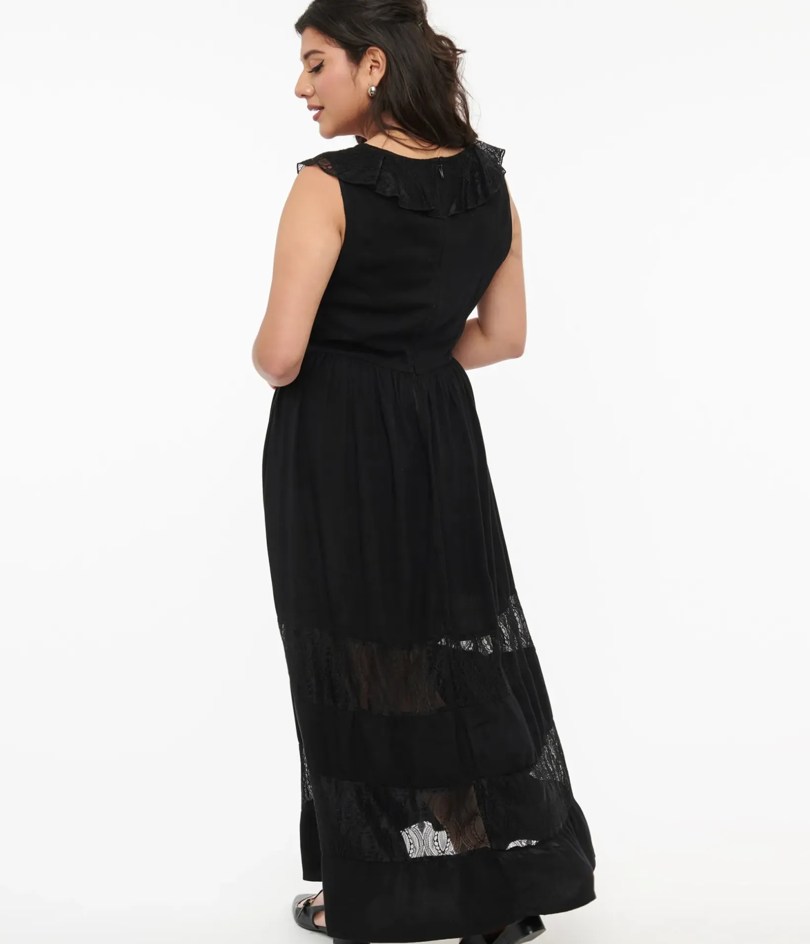 Unique Vintage Maxi|All Things Black>Hell Bunny 1970s Black Lace Stripe Maxi Dress