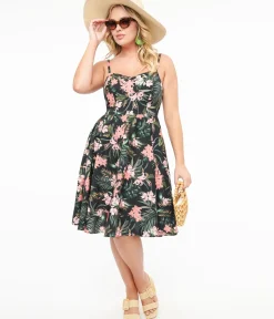 Unique Vintage Swing|Pocket Dresses>Hell Bunny 1950s Black & Pink Tropical Floral Print Cotton Calypso Swing Dress