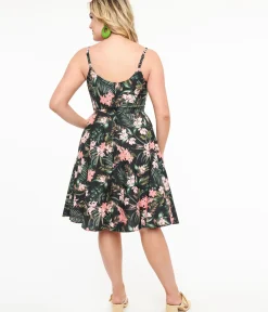 Unique Vintage Swing|Pocket Dresses>Hell Bunny 1950s Black & Pink Tropical Floral Print Cotton Calypso Swing Dress