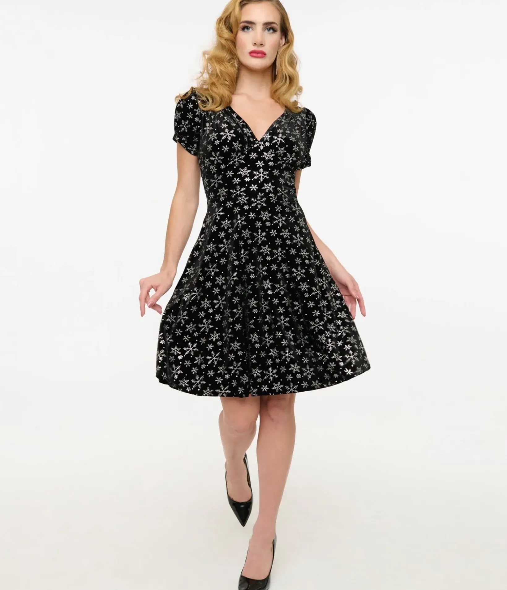 Unique Vintage Fit & Flare|Everyday Dresses>Hell Bunny 1950s Black & Silver Metallic Snowflake Velvet Fit & Flare Dress
