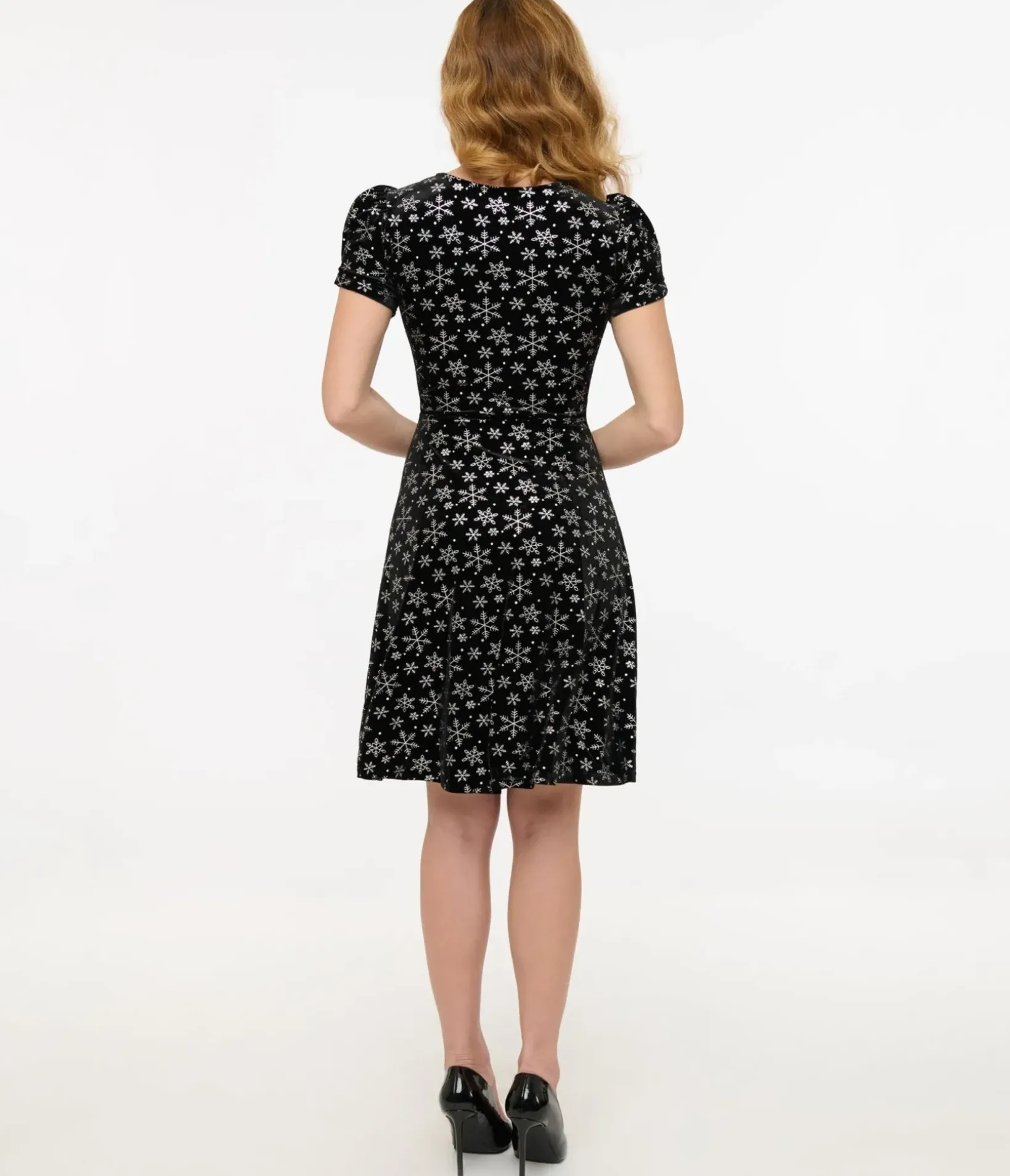 Unique Vintage Fit & Flare|Everyday Dresses>Hell Bunny 1950s Black & Silver Metallic Snowflake Velvet Fit & Flare Dress