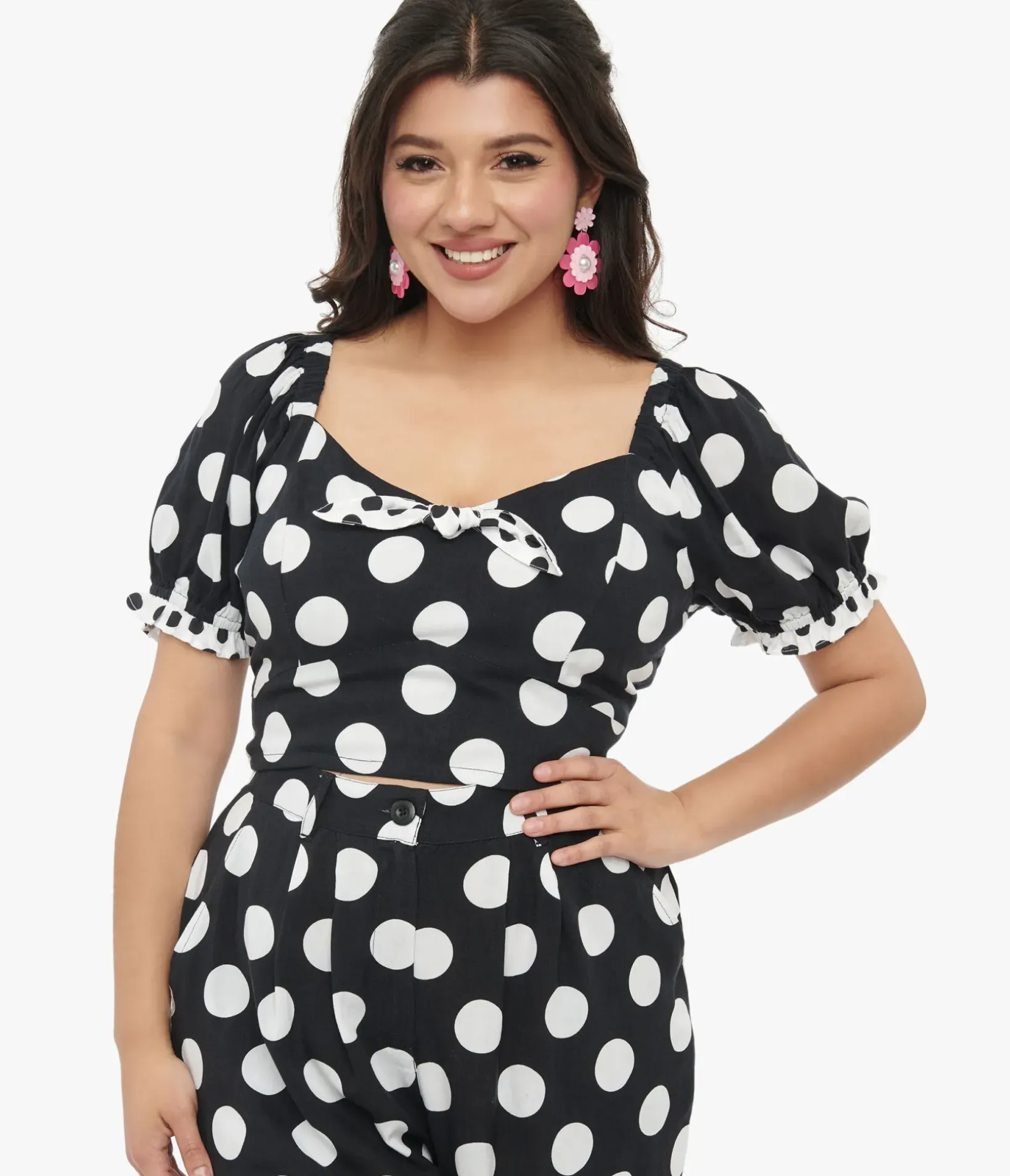 Unique Vintage Blouses>Hell Bunny 1960s Black & White Polka Dot Dolores Crop Top