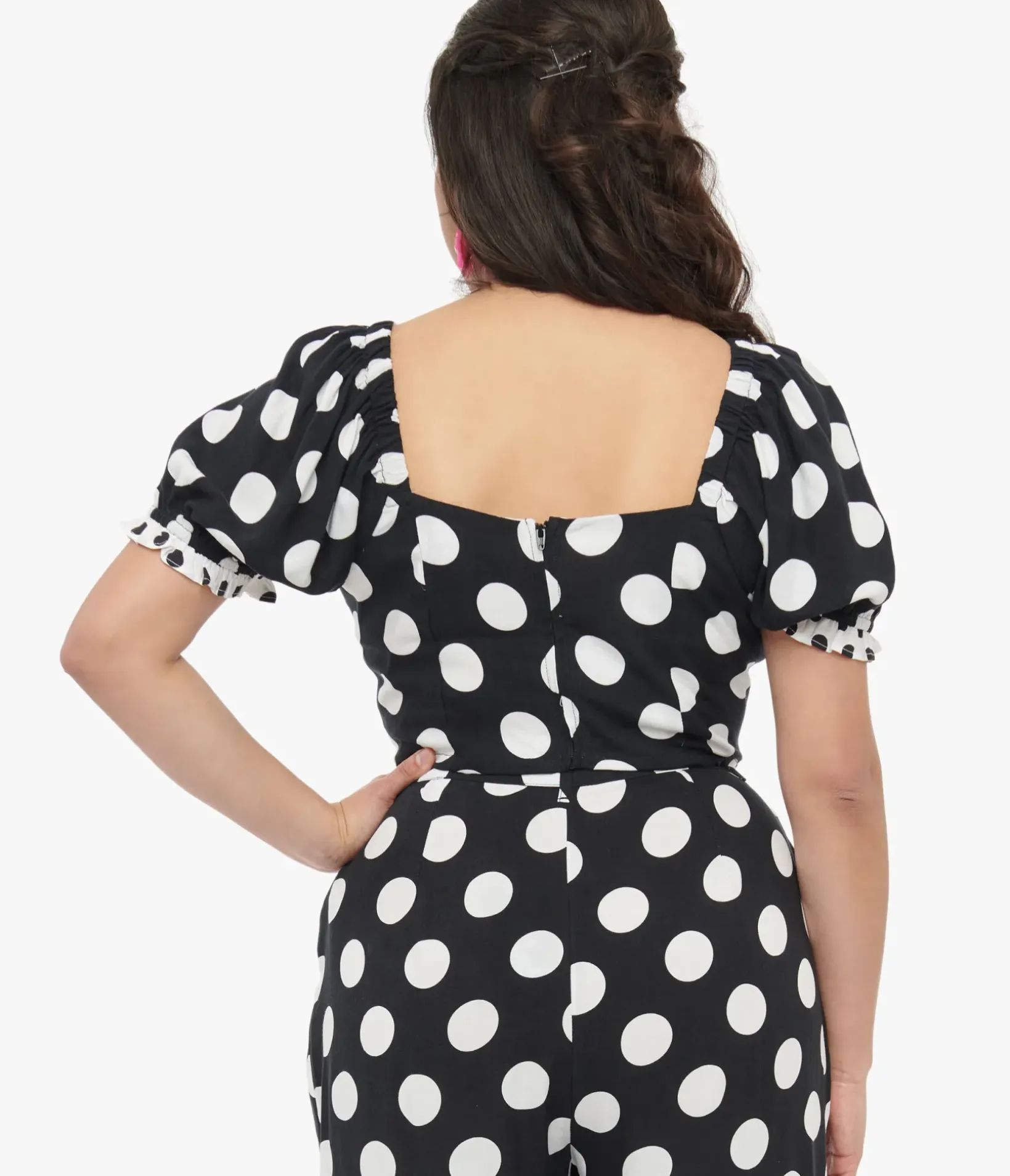 Unique Vintage Blouses>Hell Bunny 1960s Black & White Polka Dot Dolores Crop Top