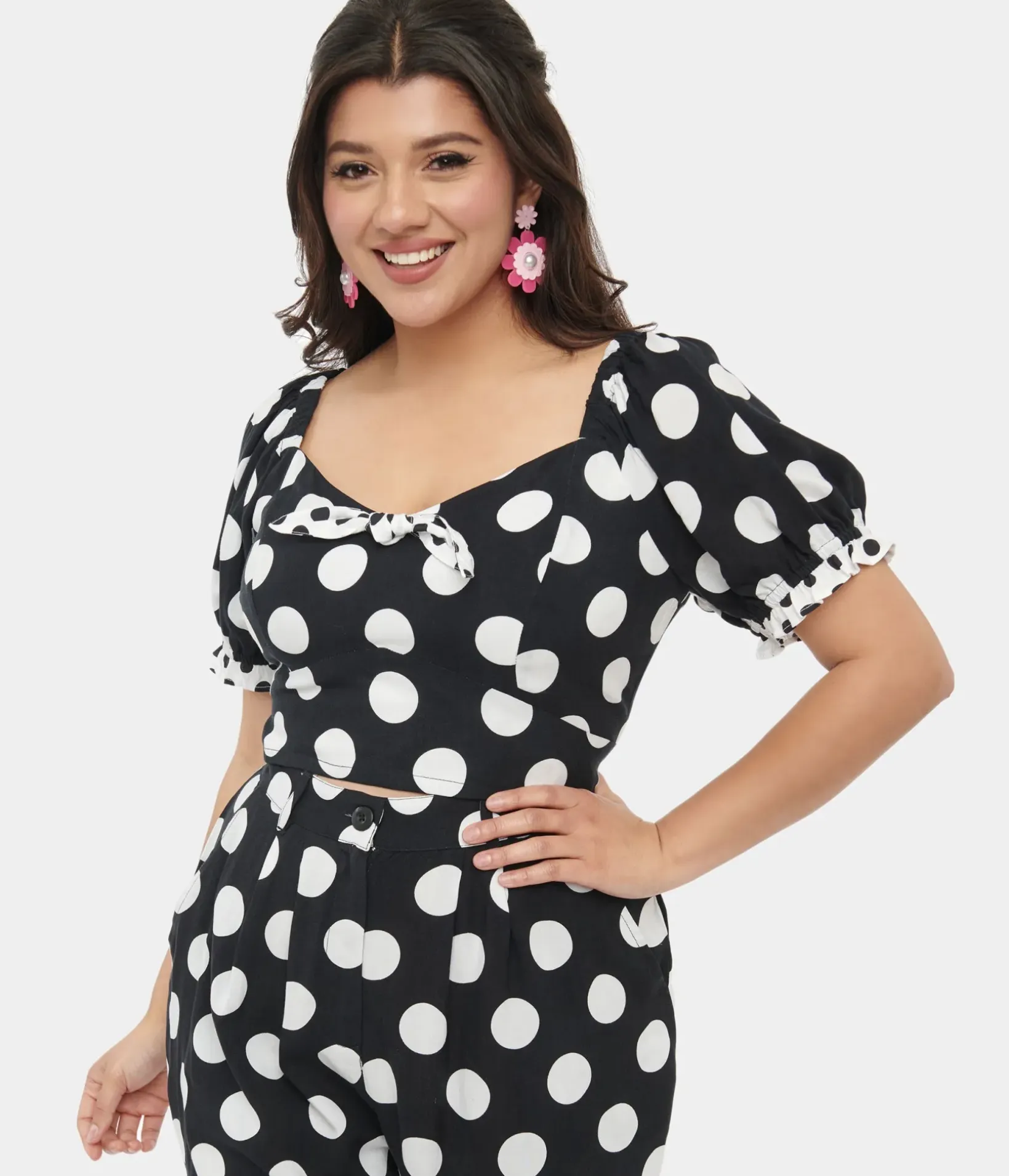 Unique Vintage Blouses>Hell Bunny 1960s Black & White Polka Dot Dolores Crop Top