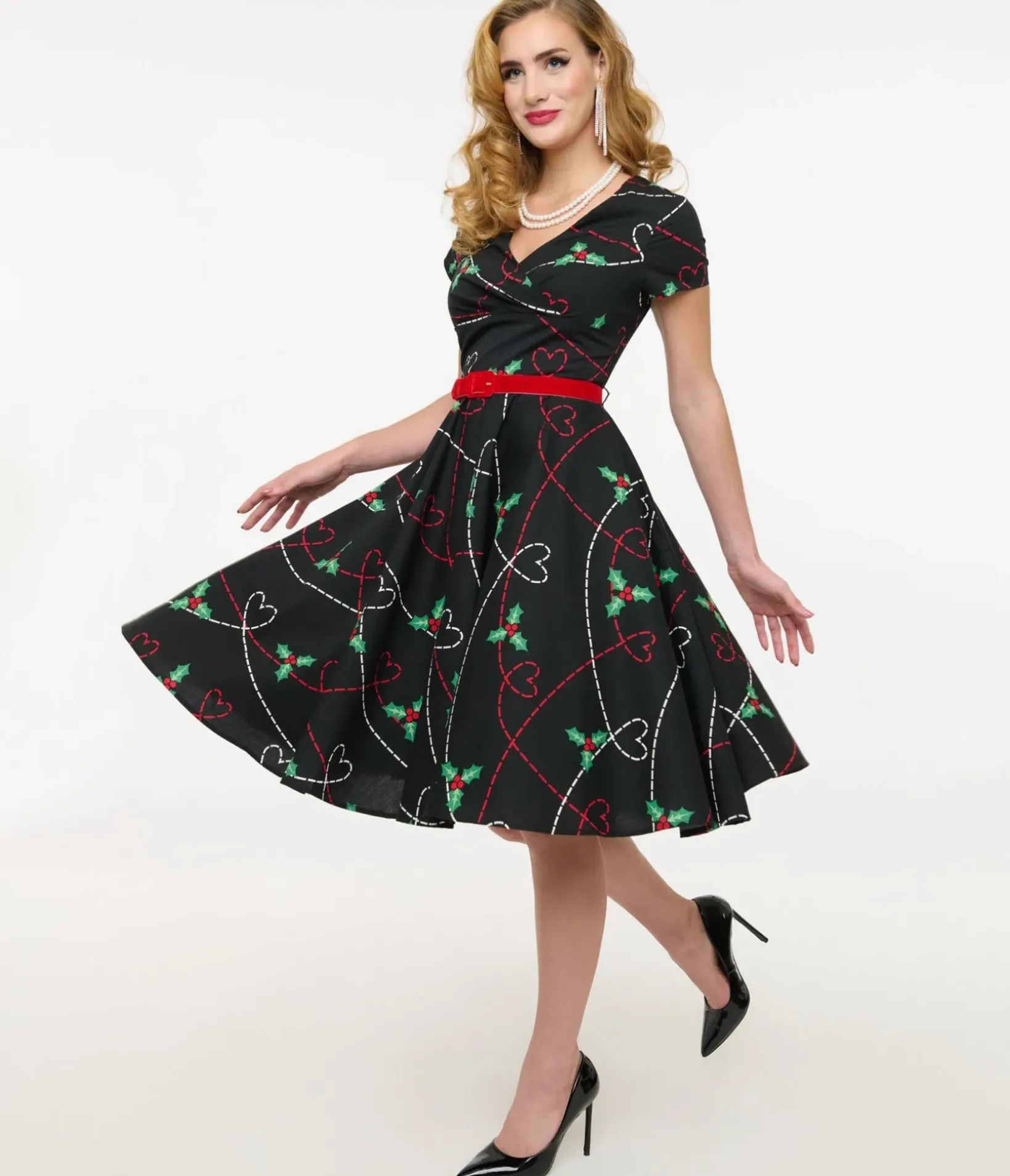 Unique Vintage Swing|Pocket Dresses>Hell Bunny 1950s Festive Hearts & Holly Print Angelica Swing Dress