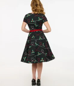 Unique Vintage Swing|Pocket Dresses>Hell Bunny 1950s Festive Hearts & Holly Print Angelica Swing Dress
