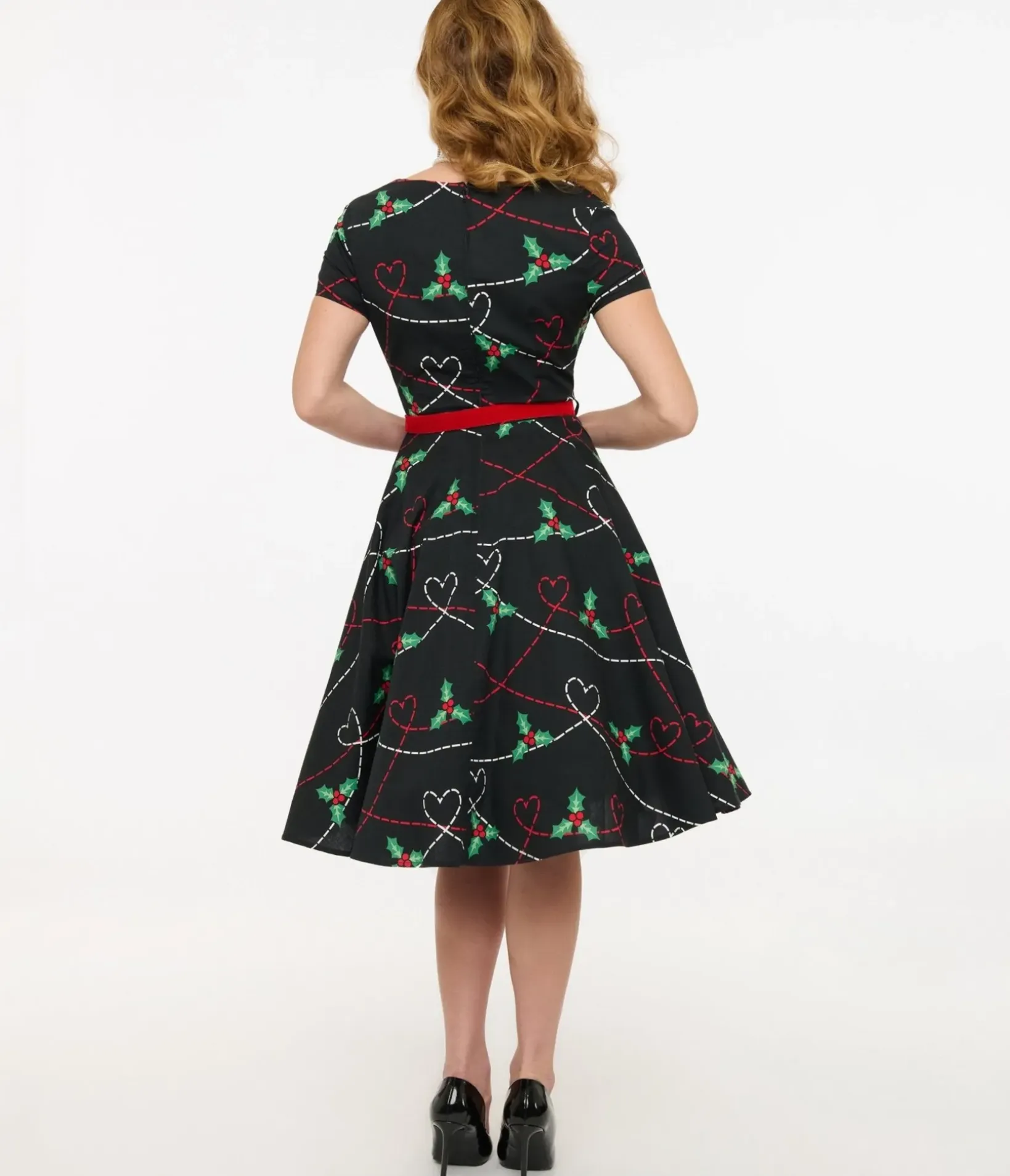Unique Vintage Swing|Pocket Dresses>Hell Bunny 1950s Festive Hearts & Holly Print Angelica Swing Dress