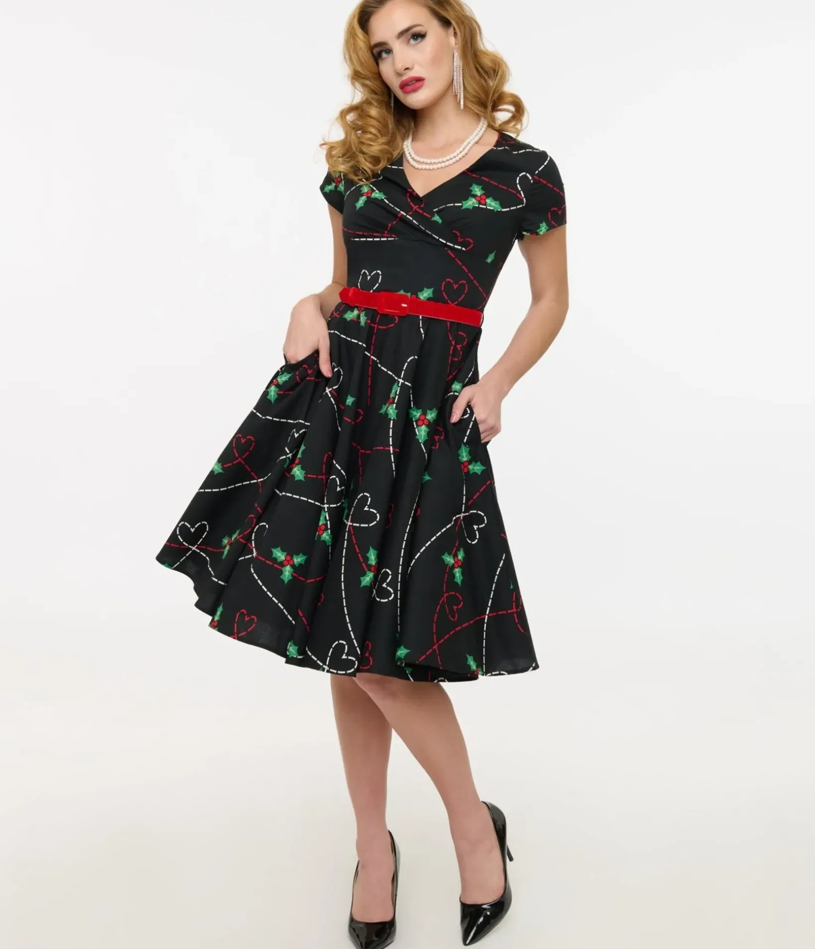Unique Vintage Swing|Pocket Dresses>Hell Bunny 1950s Festive Hearts & Holly Print Angelica Swing Dress