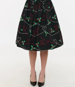 Unique Vintage Skirts>Hell Bunny 1950s Festive Hearts & Holly Print Angelica Swing Skirt