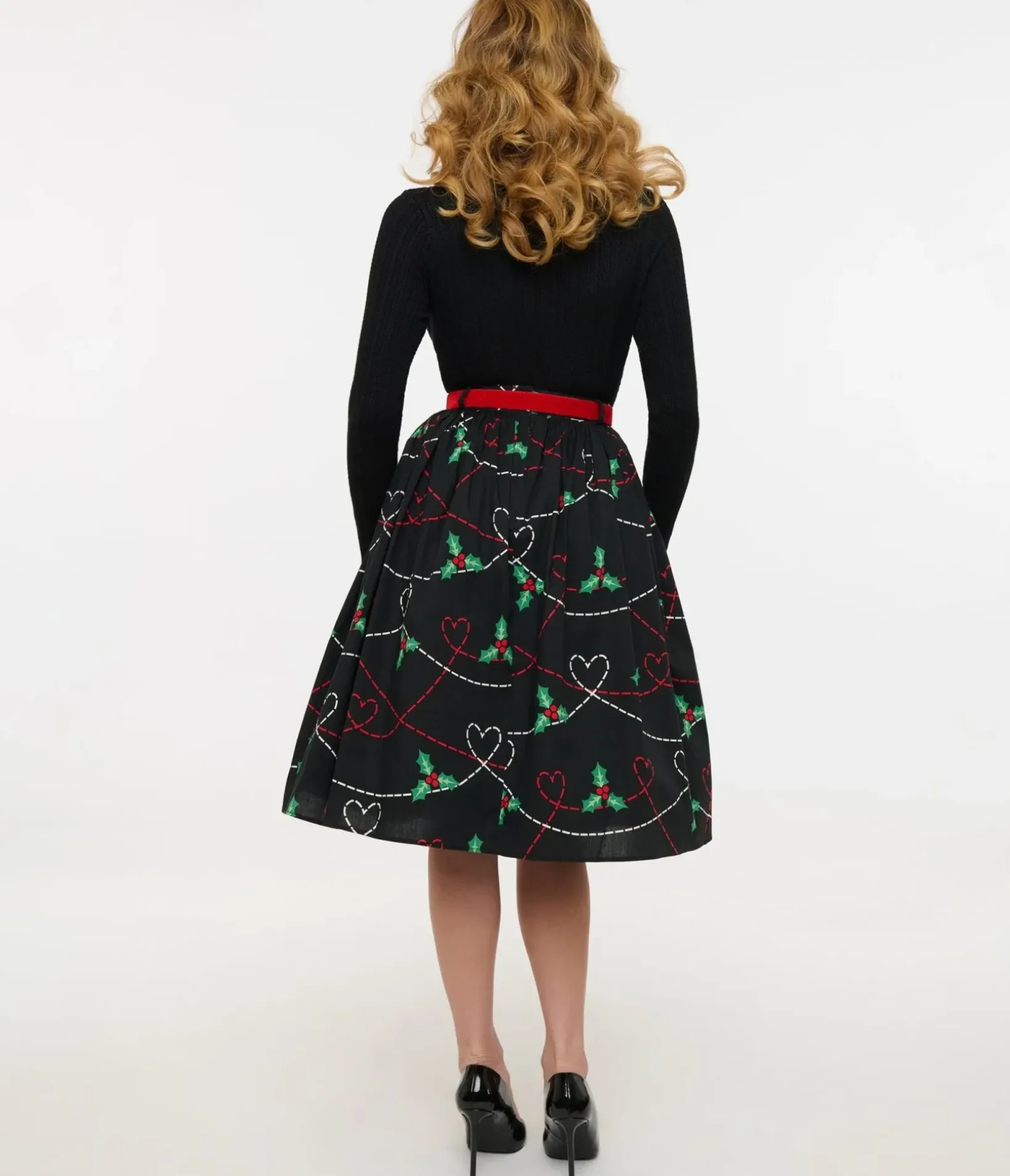 Unique Vintage Skirts>Hell Bunny 1950s Festive Hearts & Holly Print Angelica Swing Skirt