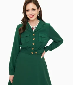 Unique Vintage Coats & Jackets|Work Wear>Hell Bunny 1970s Forest Green Ravenswood Jacket