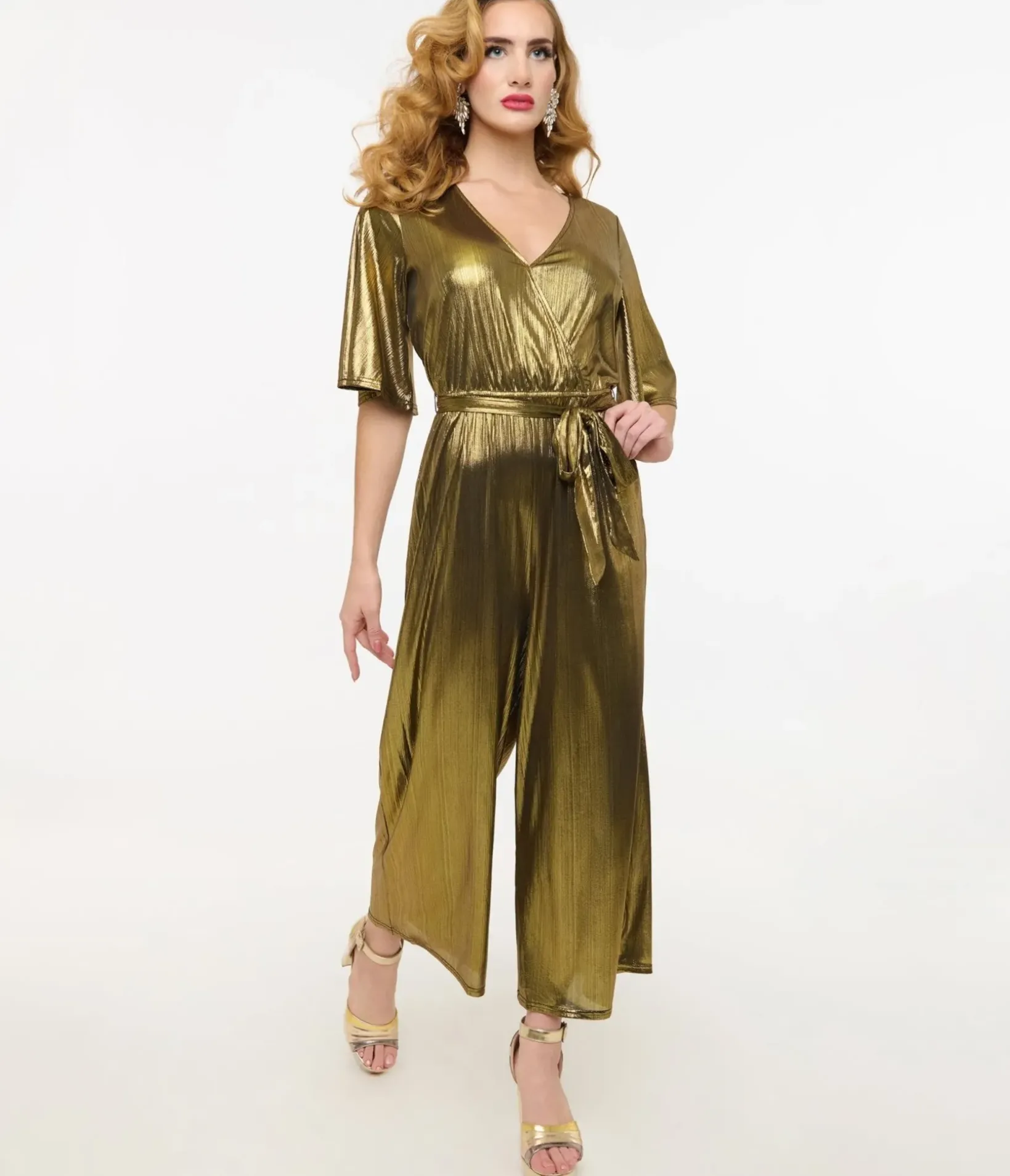 Unique Vintage Rompers & Jumpsuits>Hell Bunny 1970s Gold Lurex Jumpsuit