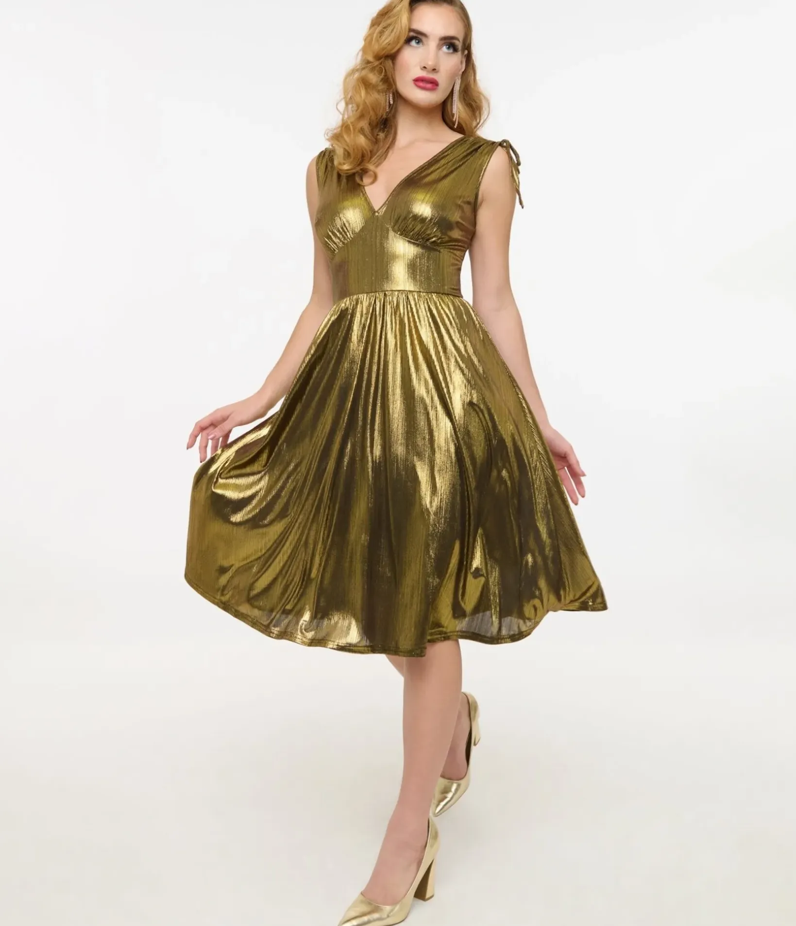 Unique Vintage Midi|Everyday Dresses>Hell Bunny 1970s Gold Metallic Gigi Midi Dress