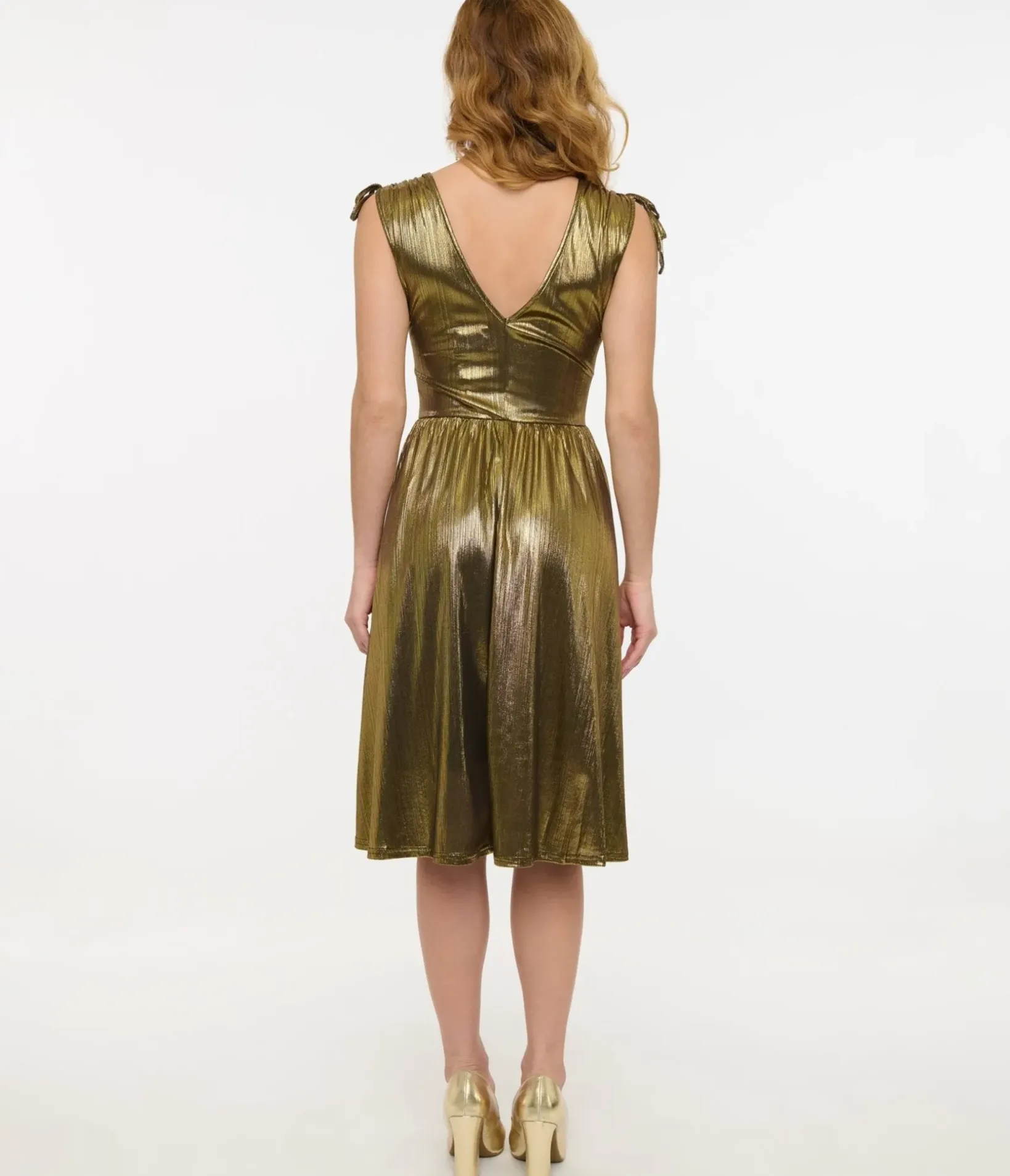 Unique Vintage Midi|Everyday Dresses>Hell Bunny 1970s Gold Metallic Gigi Midi Dress