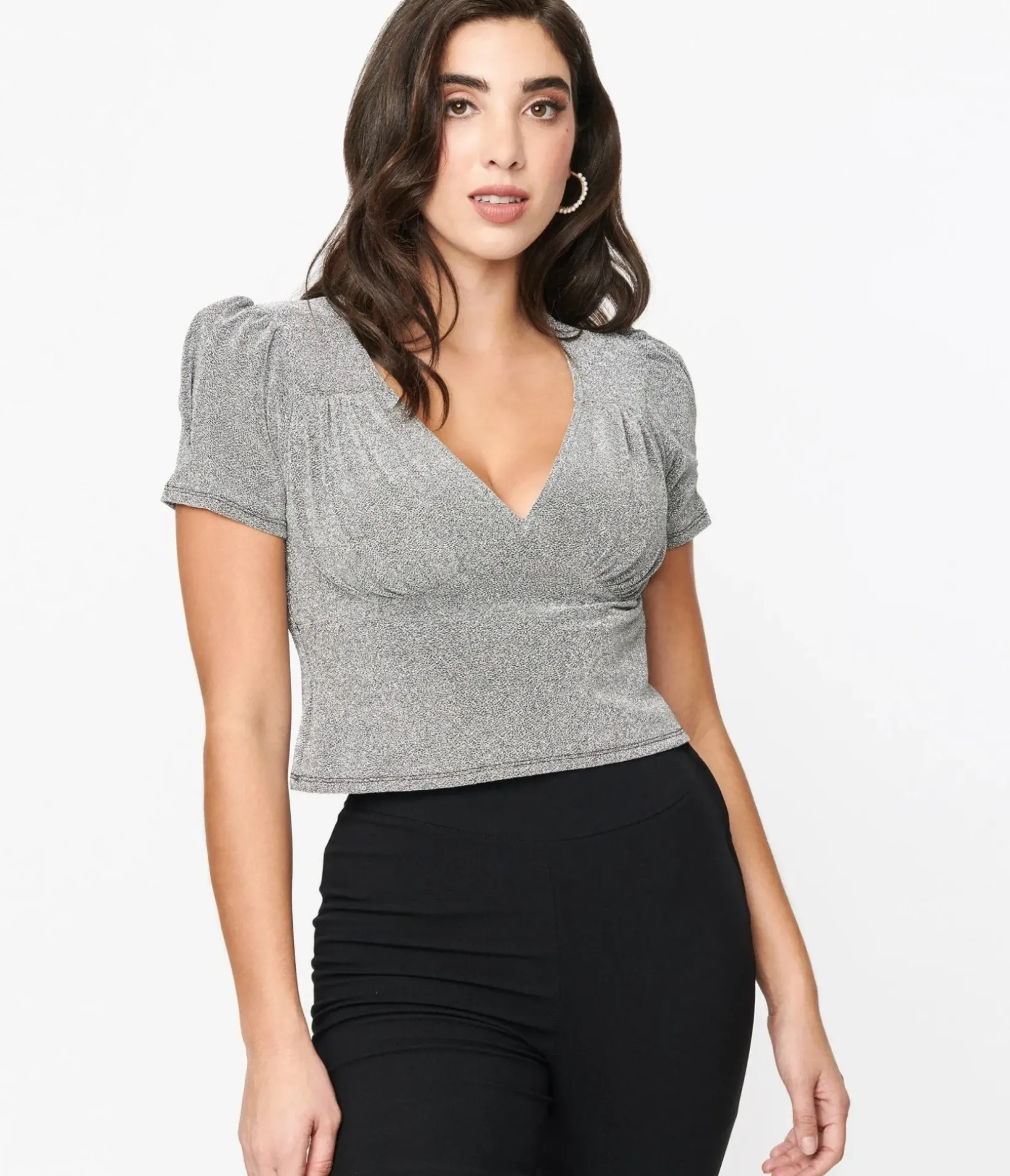 Unique Vintage Blouses|Blouses>Hell Bunny Silver Lurex Loco Motion Top