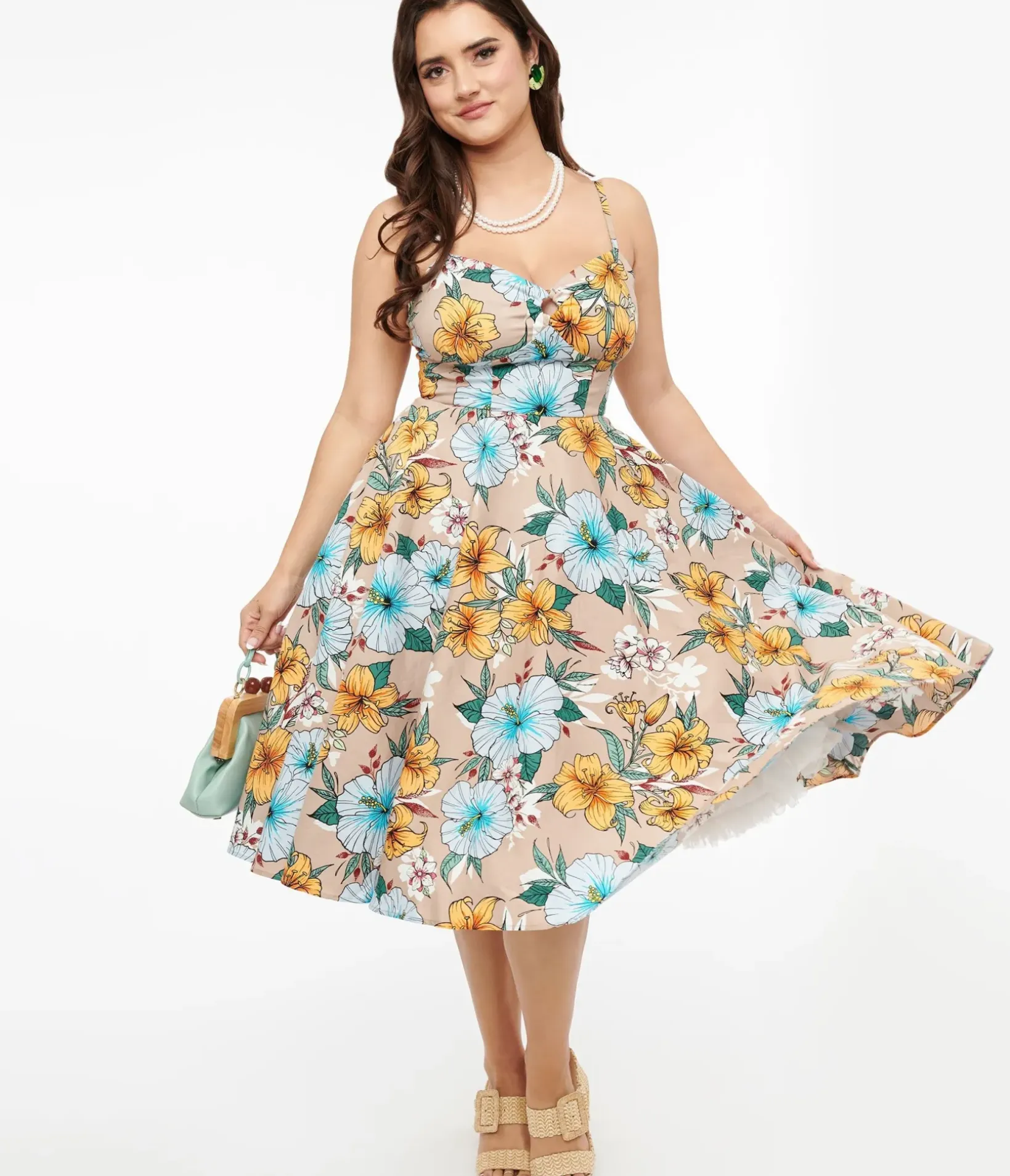 Unique Vintage Midi|Pocket Dresses>Hell Bunny 1950s Light Brown & Blue Tropical Floral Print Cotton Pattaya Midi Dress