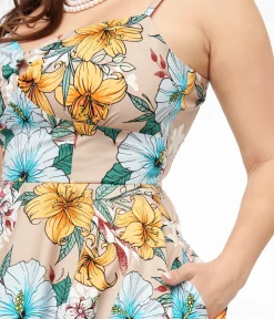 Unique Vintage Midi|Pocket Dresses>Hell Bunny 1950s Light Brown & Blue Tropical Floral Print Cotton Pattaya Midi Dress
