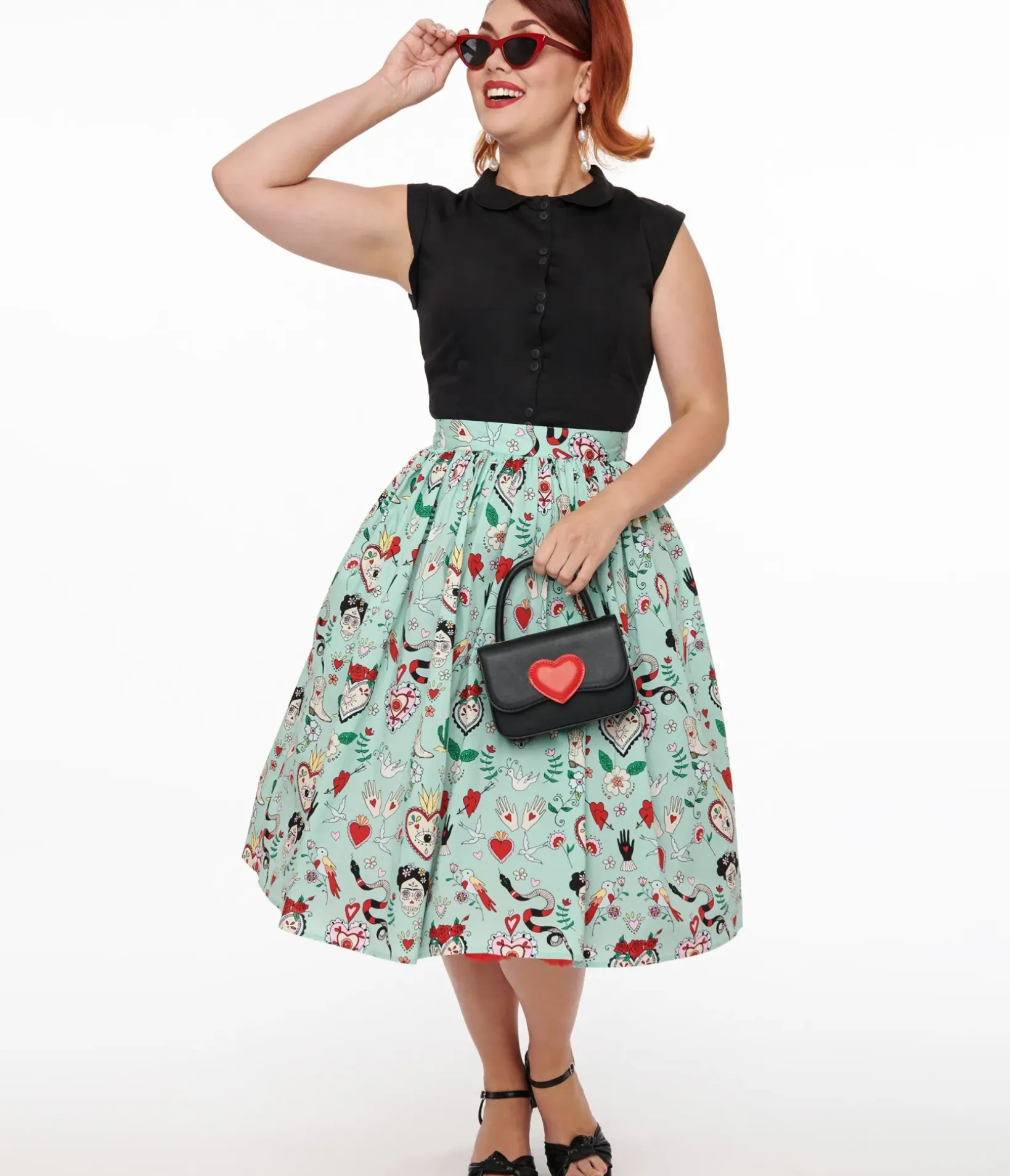 Unique Vintage Skirts>Hell Bunny 1950s Mint Green Tijuana Print Cotton Swing Skirt