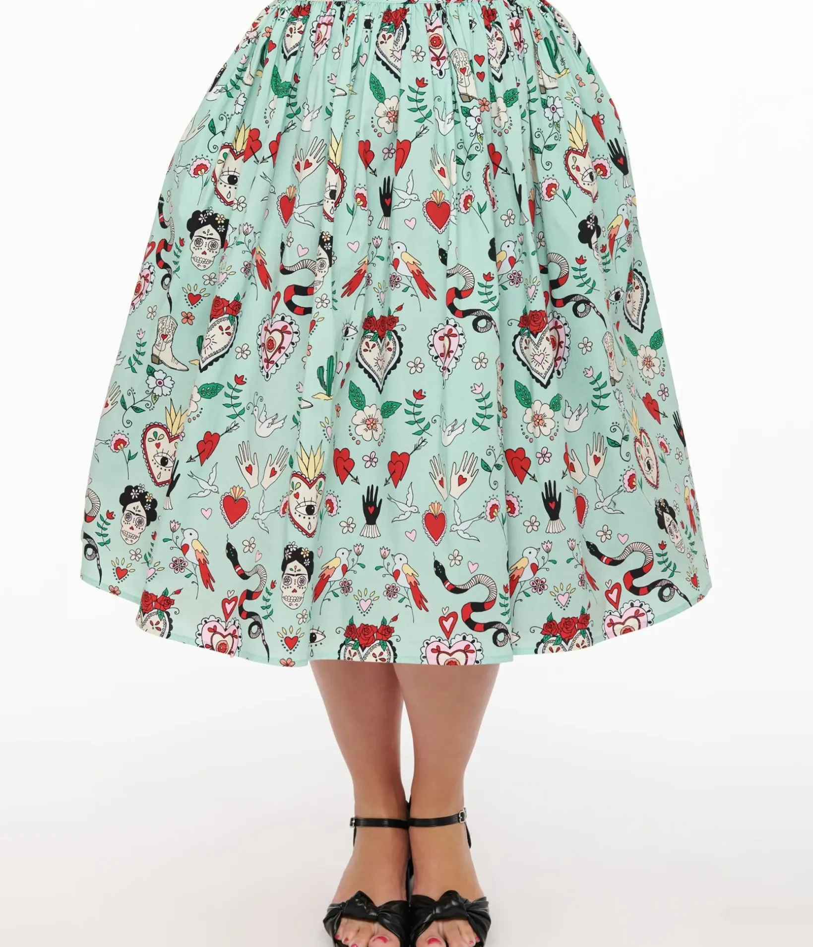Unique Vintage Skirts>Hell Bunny 1950s Mint Green Tijuana Print Cotton Swing Skirt