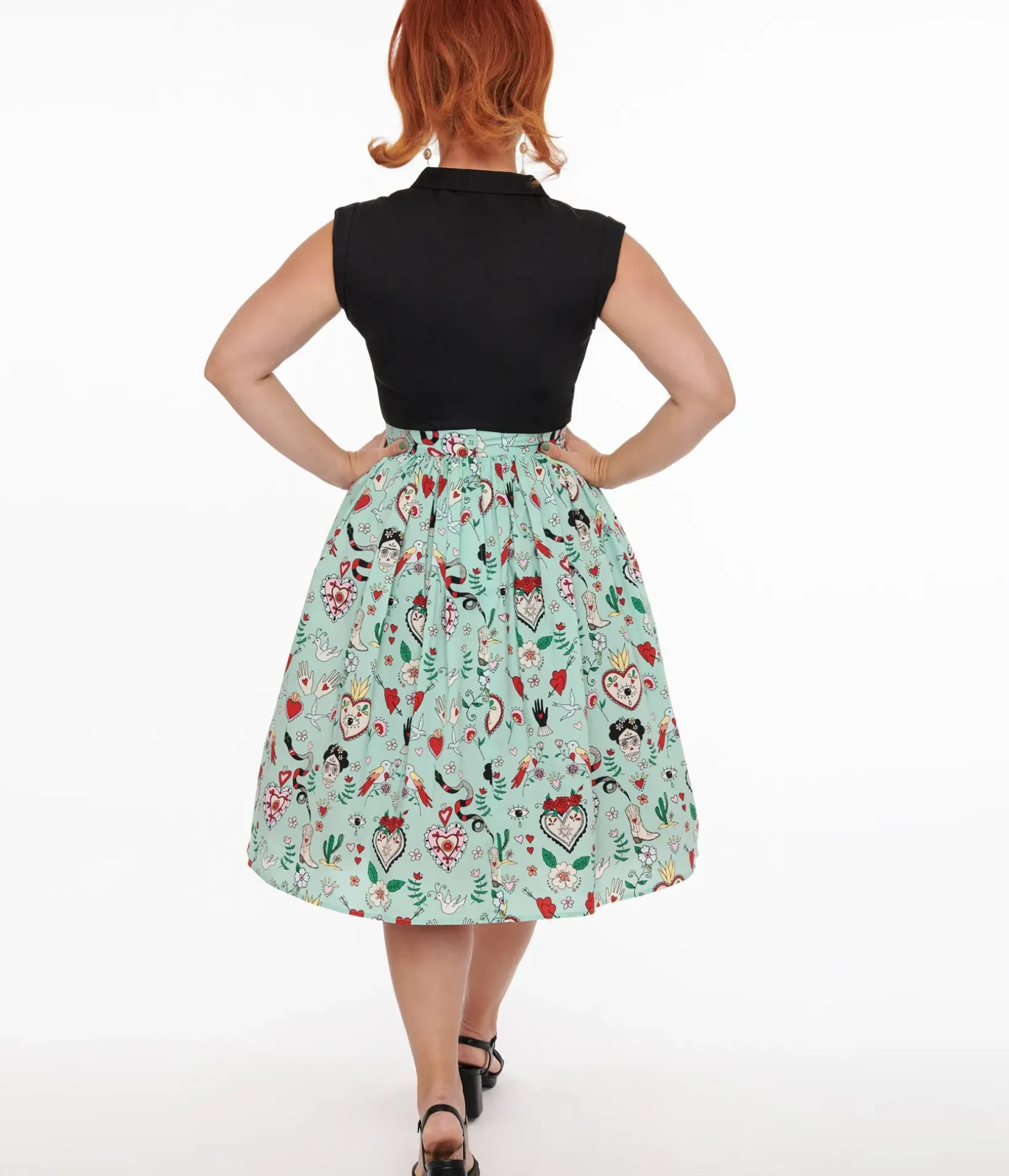 Unique Vintage Skirts>Hell Bunny 1950s Mint Green Tijuana Print Cotton Swing Skirt